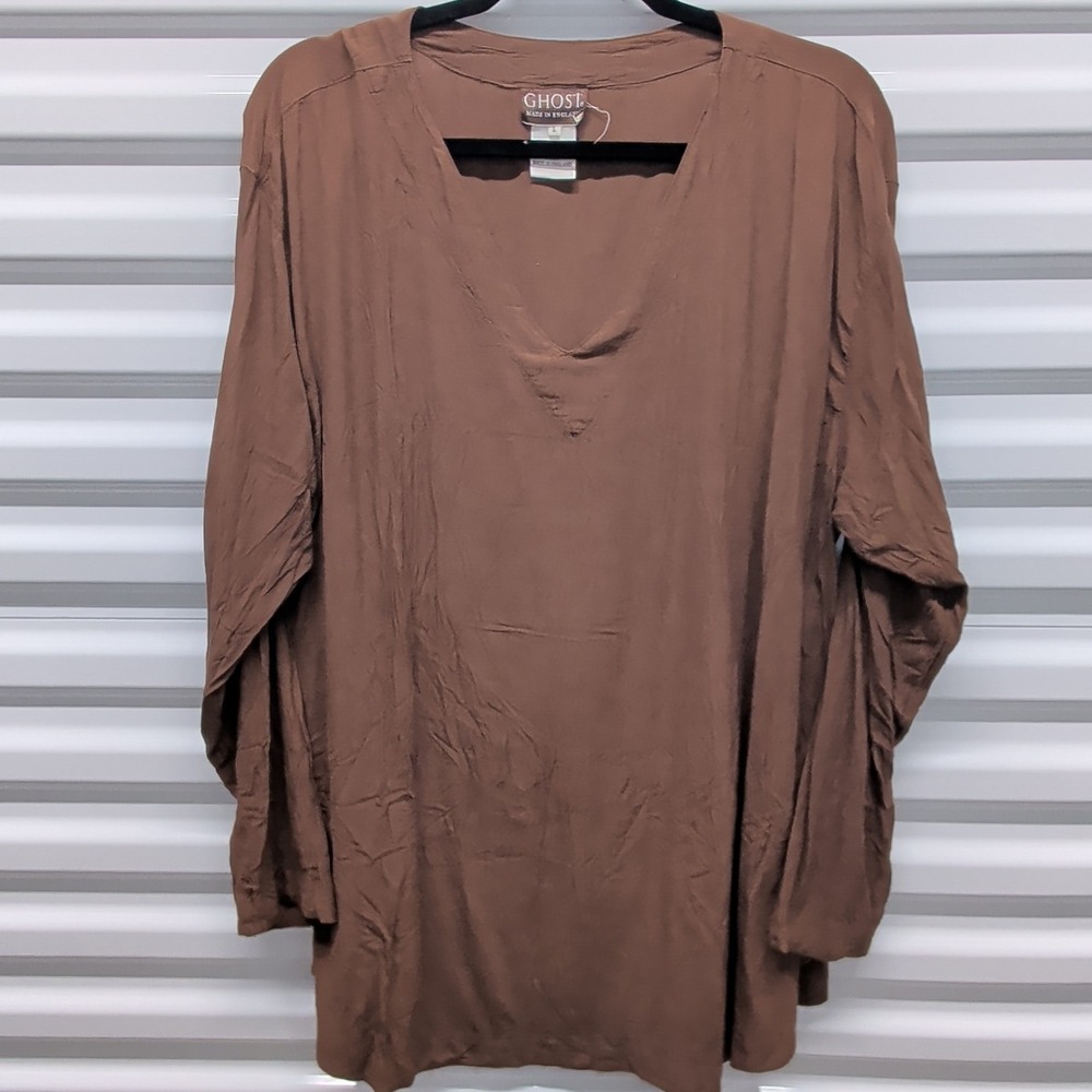 Ghost London Top Size L Womens Brown Viscose Crinkle V-Neck Long Sleeve Blouse — photo 2